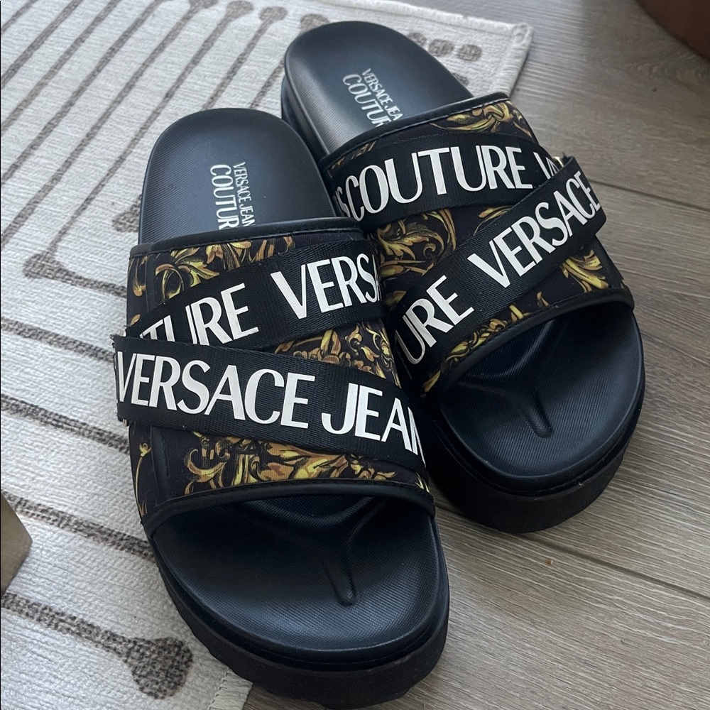 Versace Black And Gold Patterned Slides - image 1